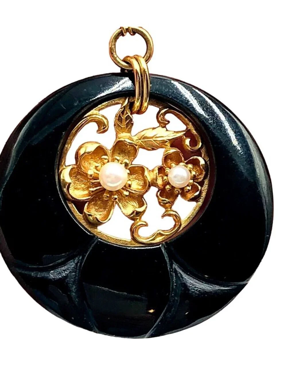 14k Yellow Gold Necklace Black Gemstone Pendant Vintage 16.2 Gram